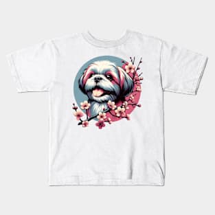 Shih Tzu's Blissful Spring with Cherry Blossoms Kids T-Shirt